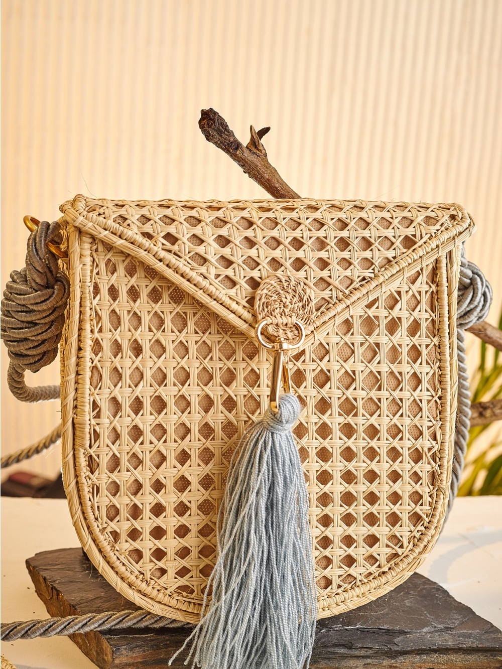 Woven Straw Crossbody Bag with Gray Tassel